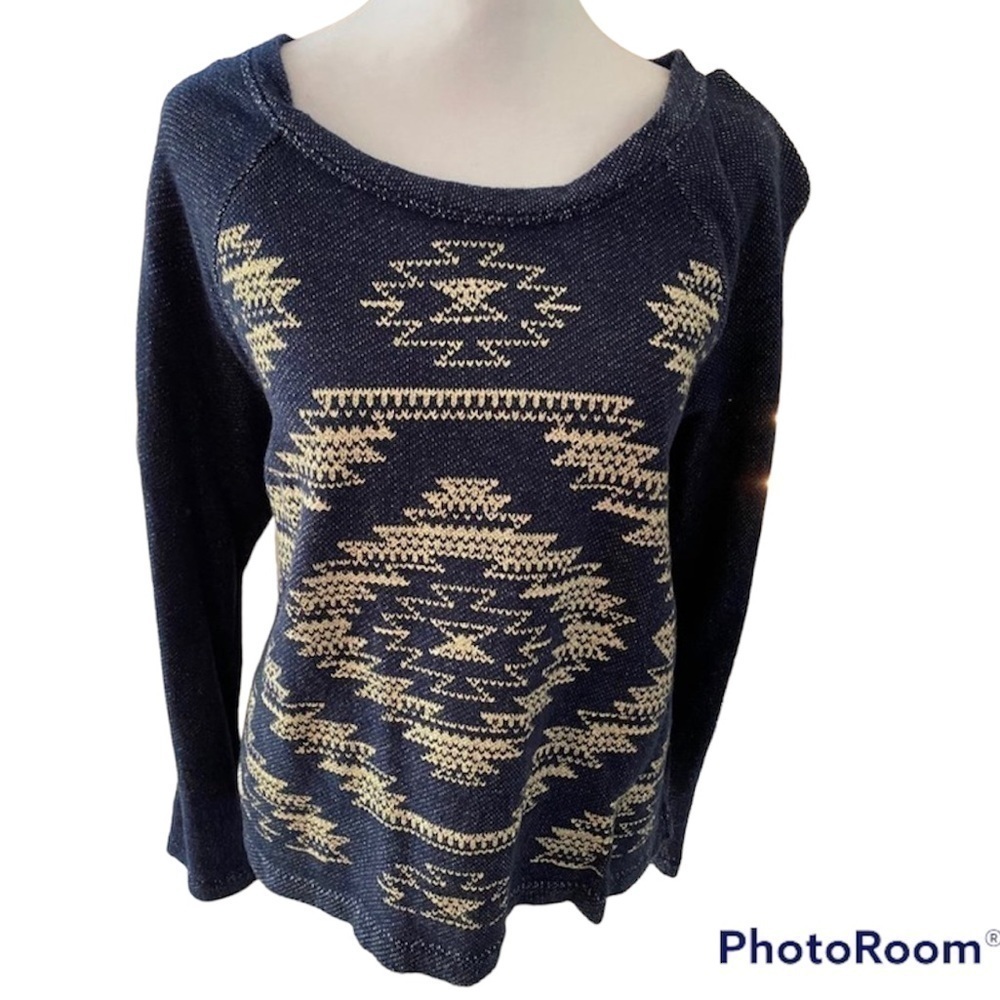 Aztec Print Denim Colored Cardigan Sweatshirt Size M